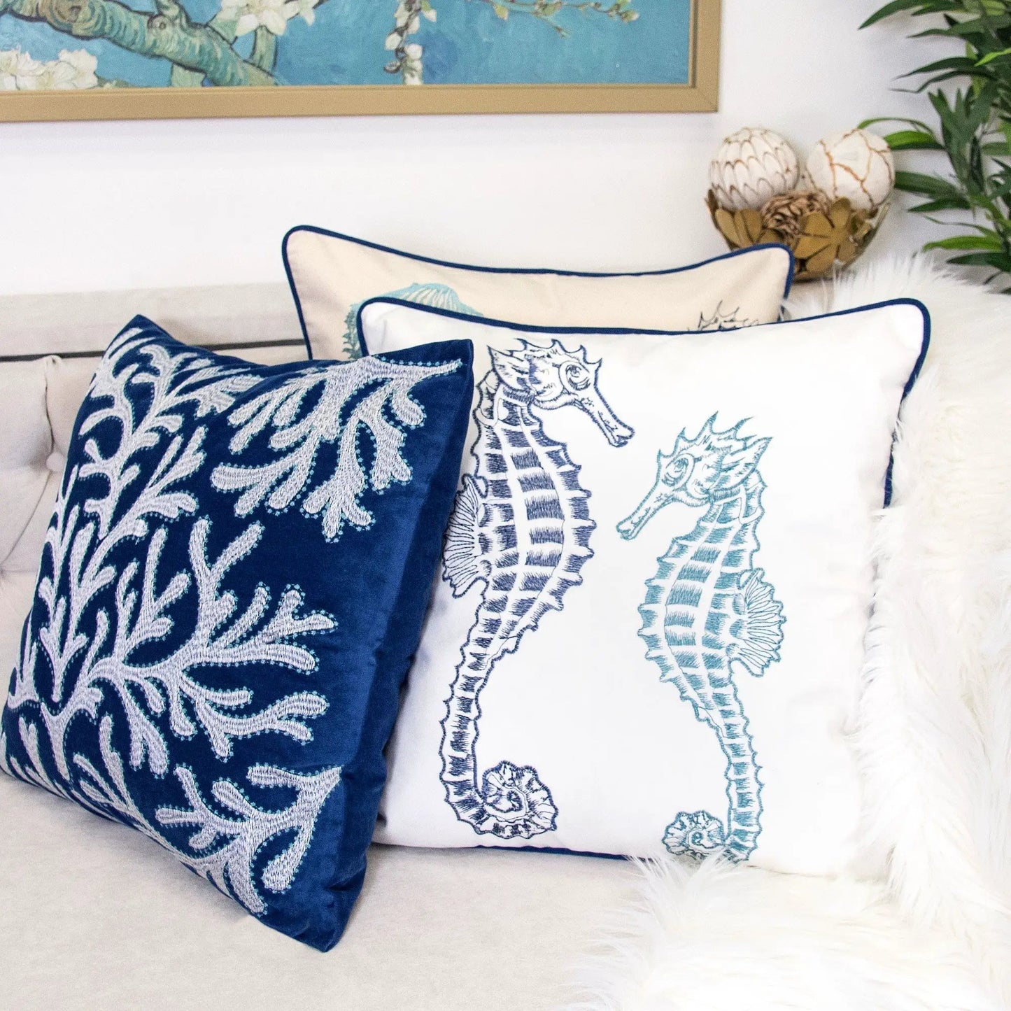 Seahorses pillow cover with matching back in navy blue and white by Unique Piece Furniture on Tampa Home & Garden Store