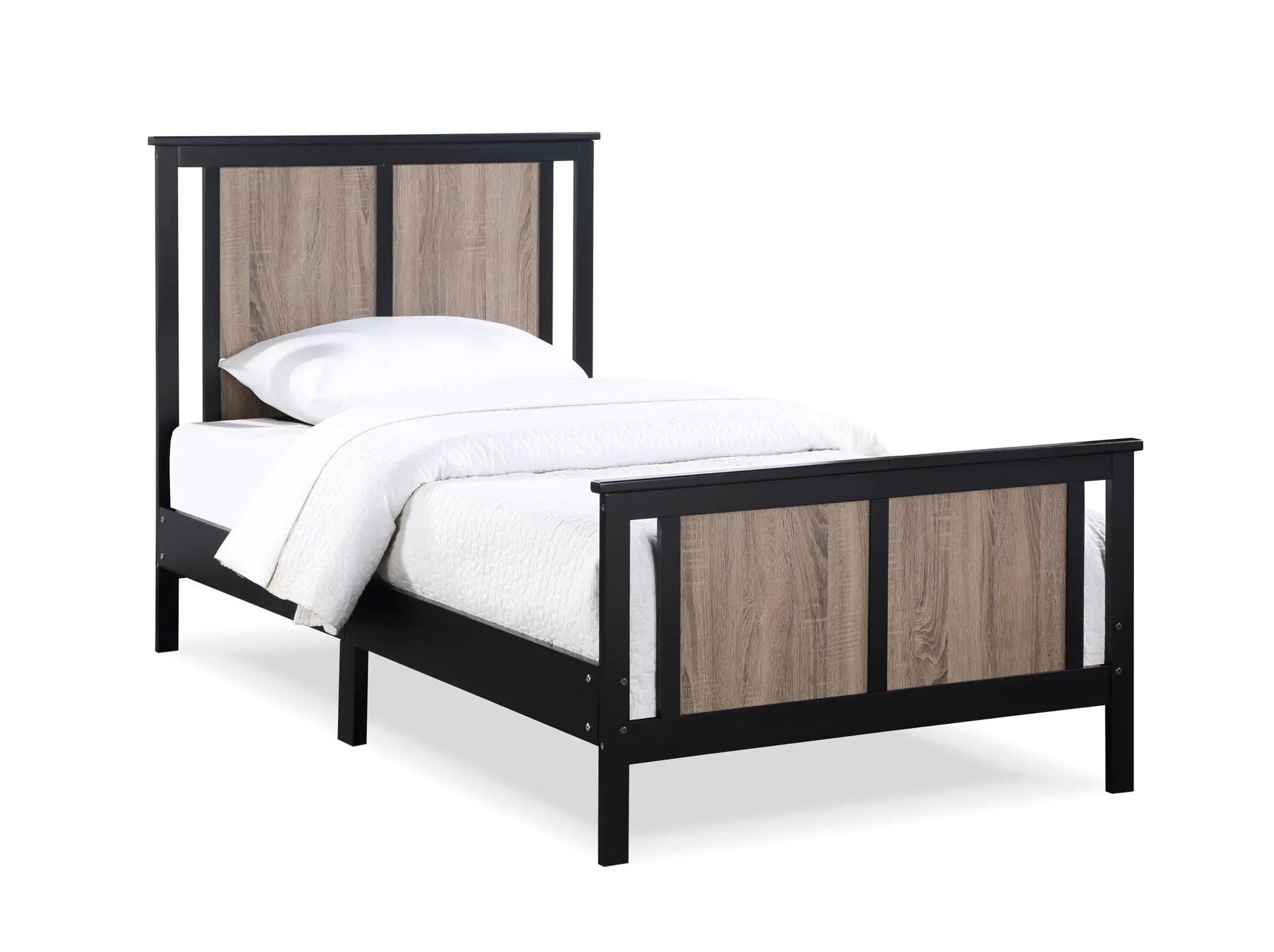 Connelly panel bed by Unique Piece Furniture with black frame and wood panels, white bedding on Tampa Home & Garden Store