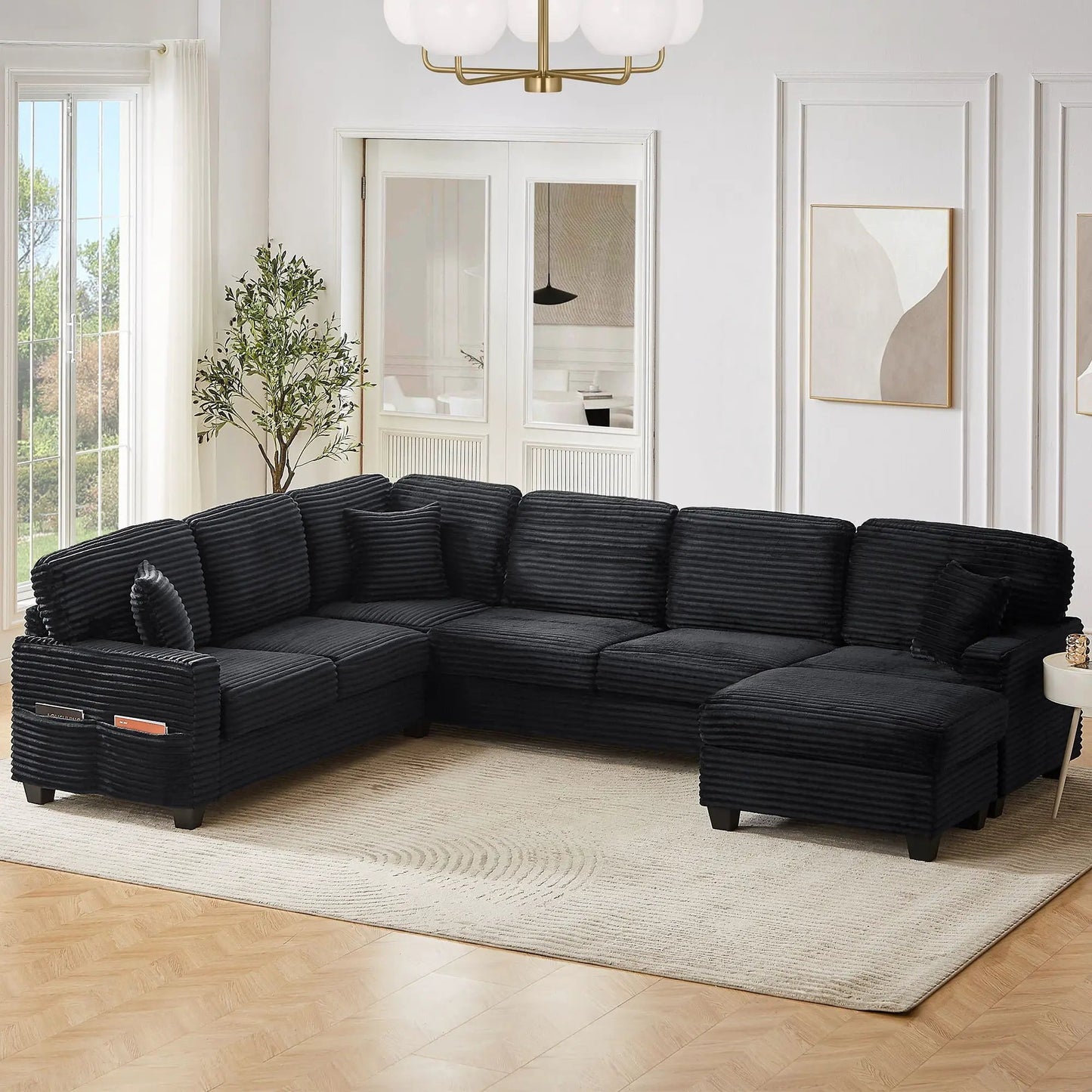 Upholstered U-shaped sectional sofa 2-piece with movable ottoman black ribbed fabric on Tampa Home & Garden Store