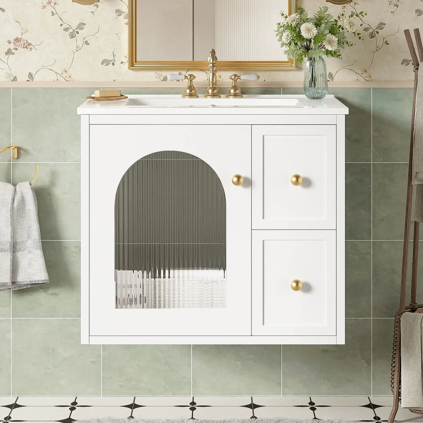 Wall-mounted white vanity with sink, two drawers and soft-close door; brass faucet on Tampa Home & Garden Store