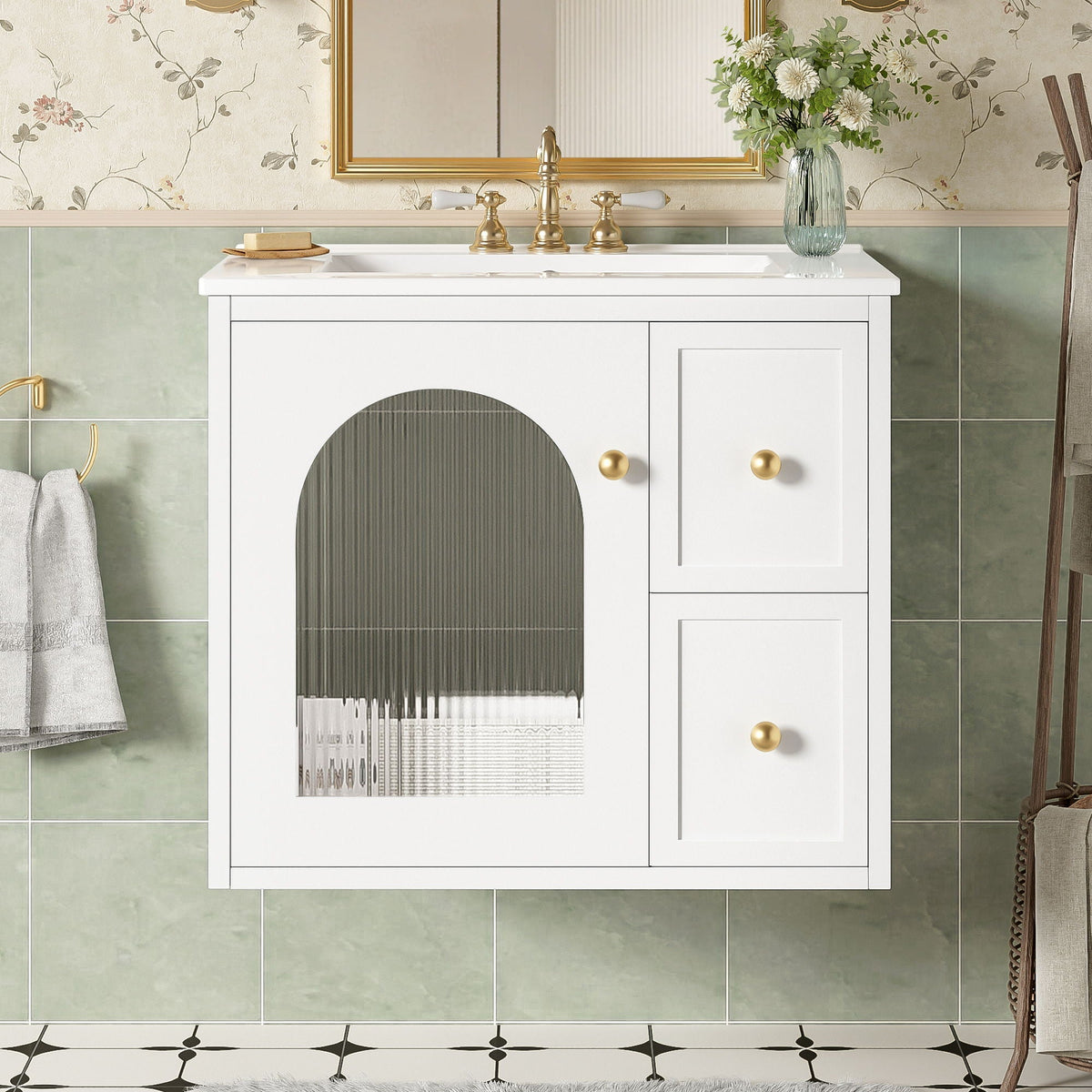 White wall-mounted bathroom vanity with ceramic sink and soft-close drawers by HouseOfZazla on Tampa Home & Garden Store