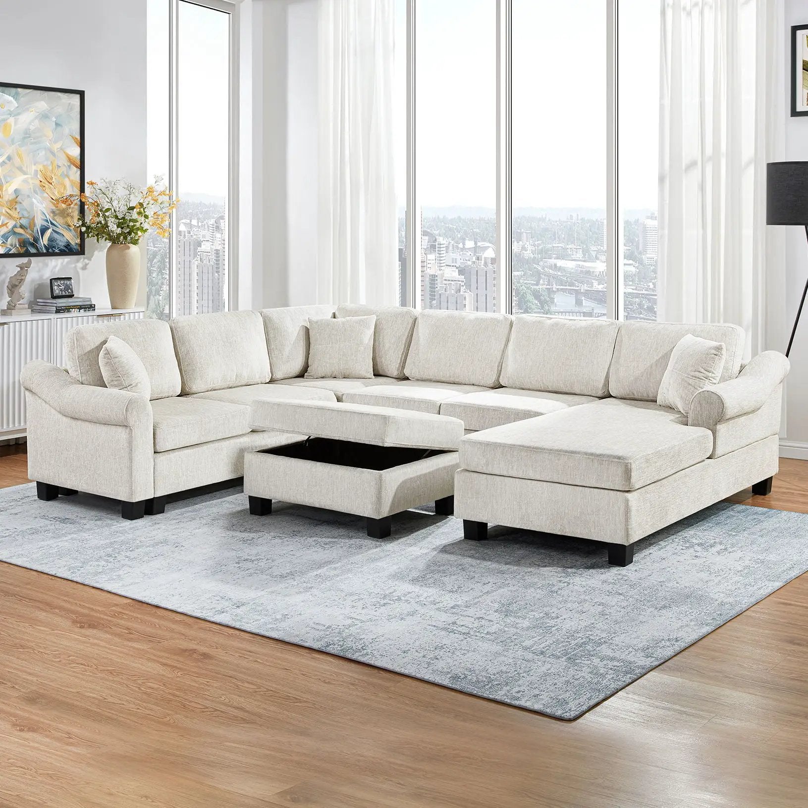 U-shaped sectional sofa with movable storage ottoman 2pc beige by Unique Piece Furniture on Tampa Home & Garden Store