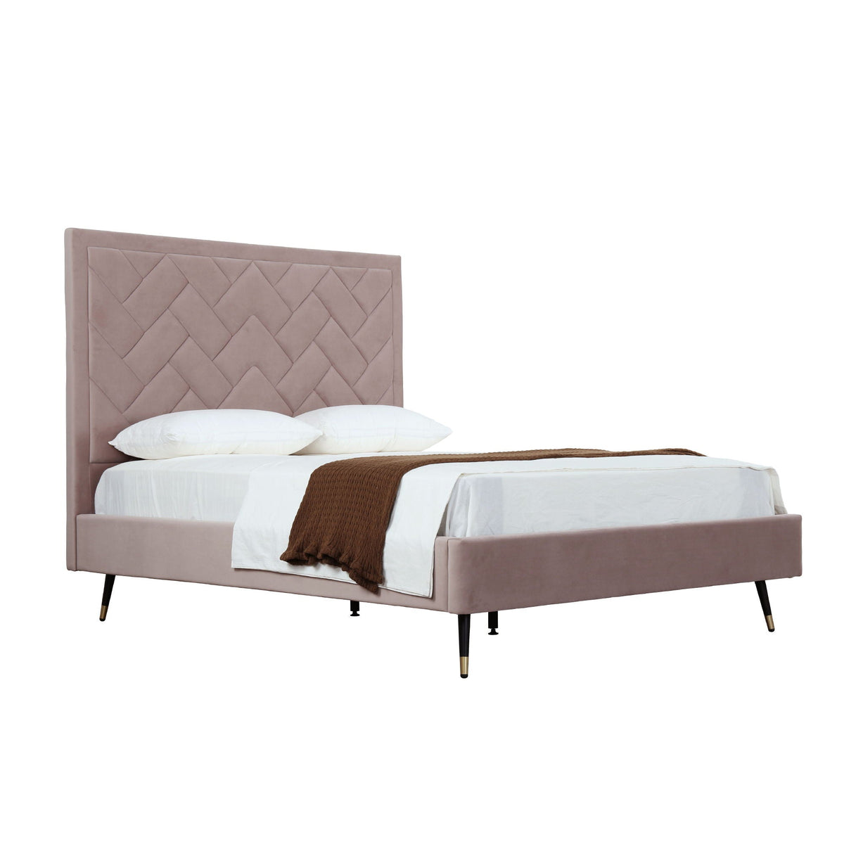 Crosby upholstered bed with a quilted pink headboard and slatted base, black legs with brass tips on Tampa Home & Garden Store