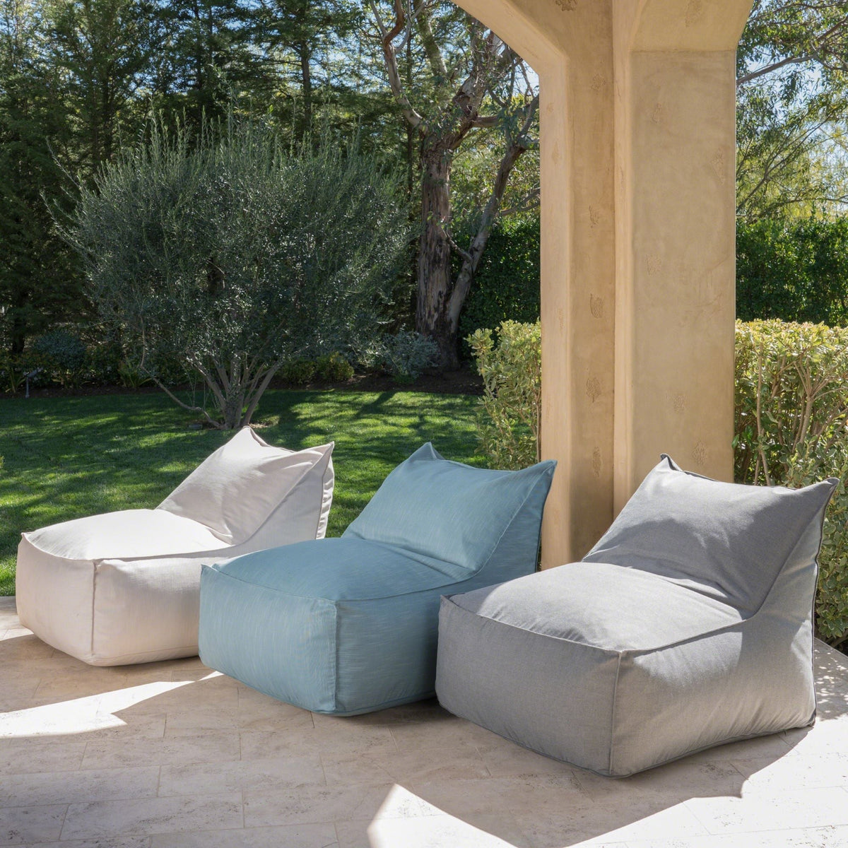 Water resistant bean bag chair Ettie Collection armless chaise beige blue foam-filled on Tampa Home & Garden Store