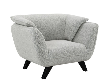 Nayeli Boucle Chair, light gray boucle armchair with black angled legs on Tampa Home & Garden Store