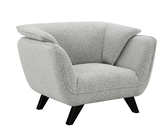 Nayeli Boucle Chair, light gray boucle armchair with black angled legs on Tampa Home & Garden Store