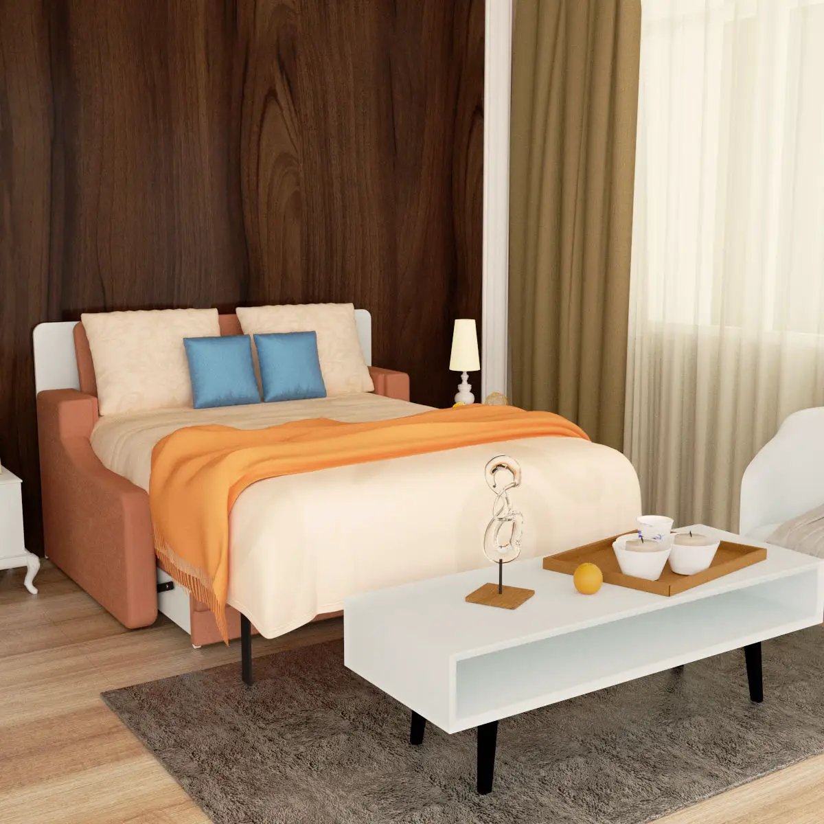 Vertical Murphy bed with sofa in orange upholstery and frame by Unique Piece Furniture on Tampa Home & Garden Store