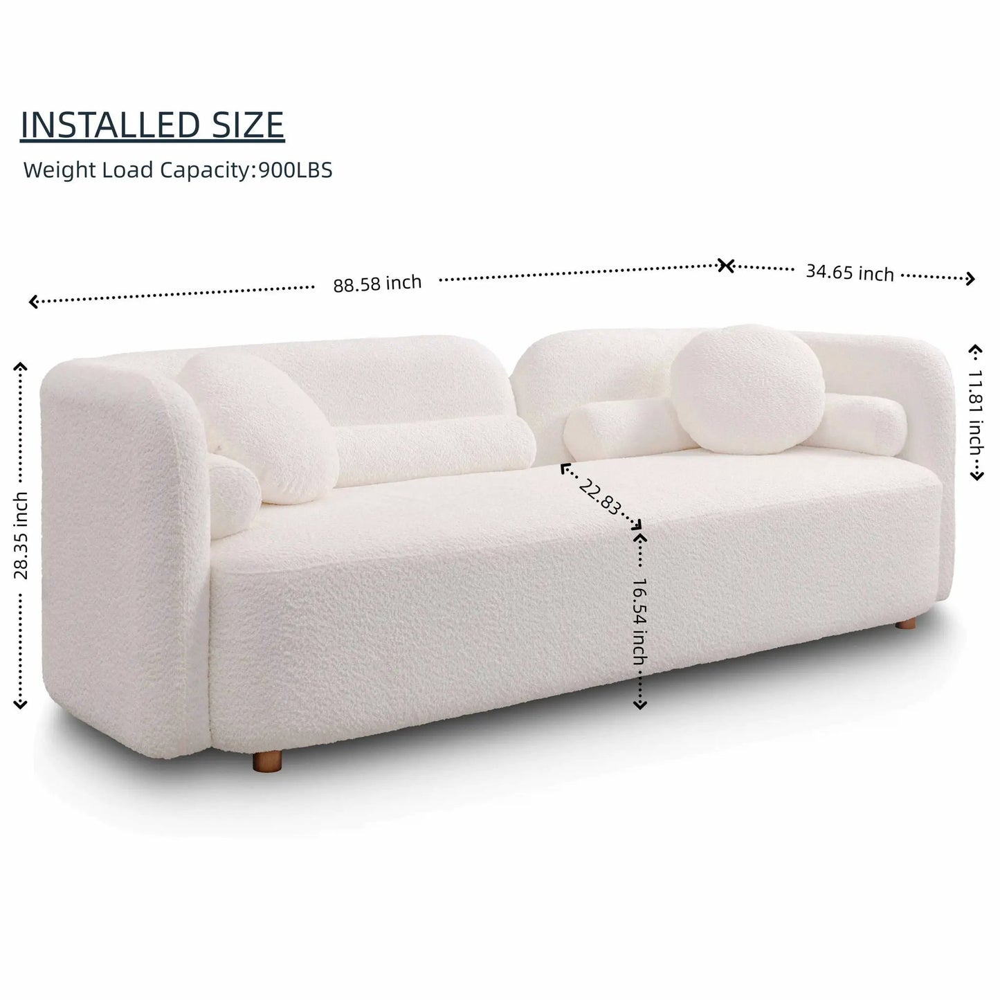 Luxury Modern 3 Seater Couch in cream boucle fabric with rounded arms and wooden legs on Tampa Home & Garden Store