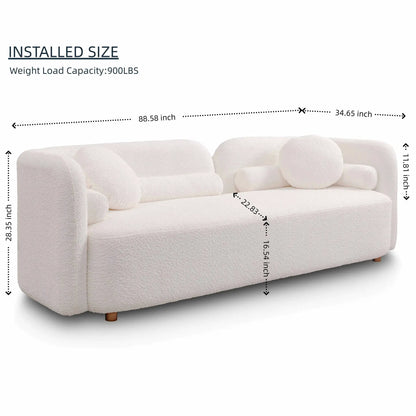 Luxury Modern 3 Seater Couch in cream boucle fabric with rounded arms and wooden legs on Tampa Home & Garden Store