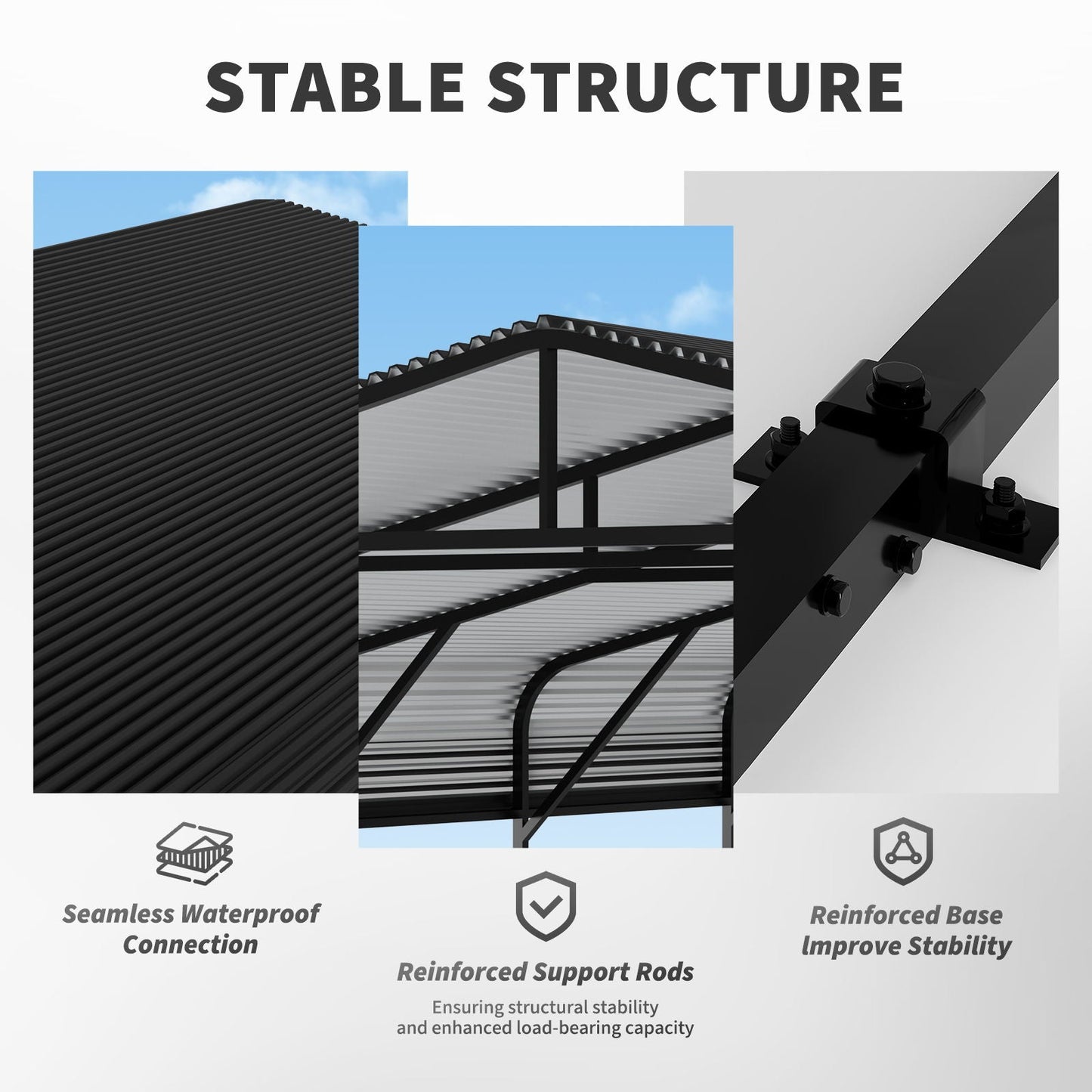 Heavy duty carport all weather shelter in black with reinforced support rods on Tampa Home & Garden Store
