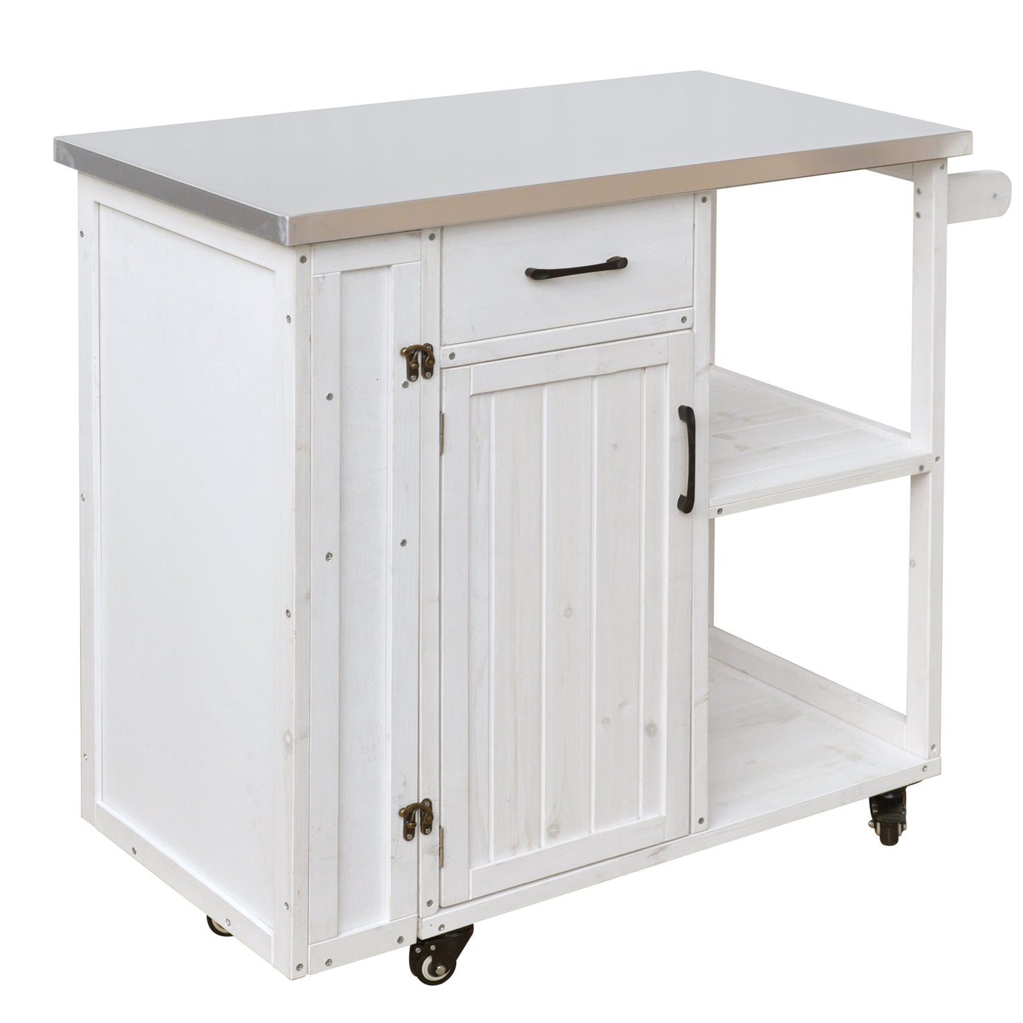 Outdoor kitchen island prep station, whitewashed wood base with stainless top and caster wheels on Tampa Home & Garden Store