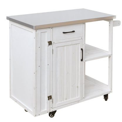Outdoor kitchen island prep station, whitewashed wood base with stainless top and caster wheels on Tampa Home & Garden Store