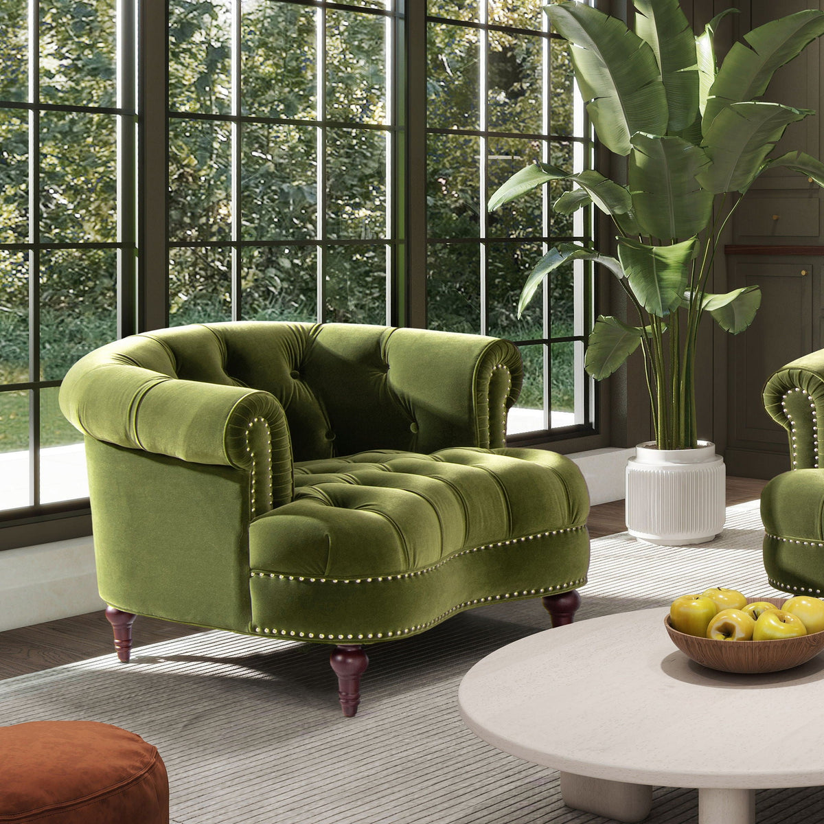 Victorian tufted accent chairs in emerald green velvet with nailhead trim by HouseOfZazla on Tampa Home & Garden Store