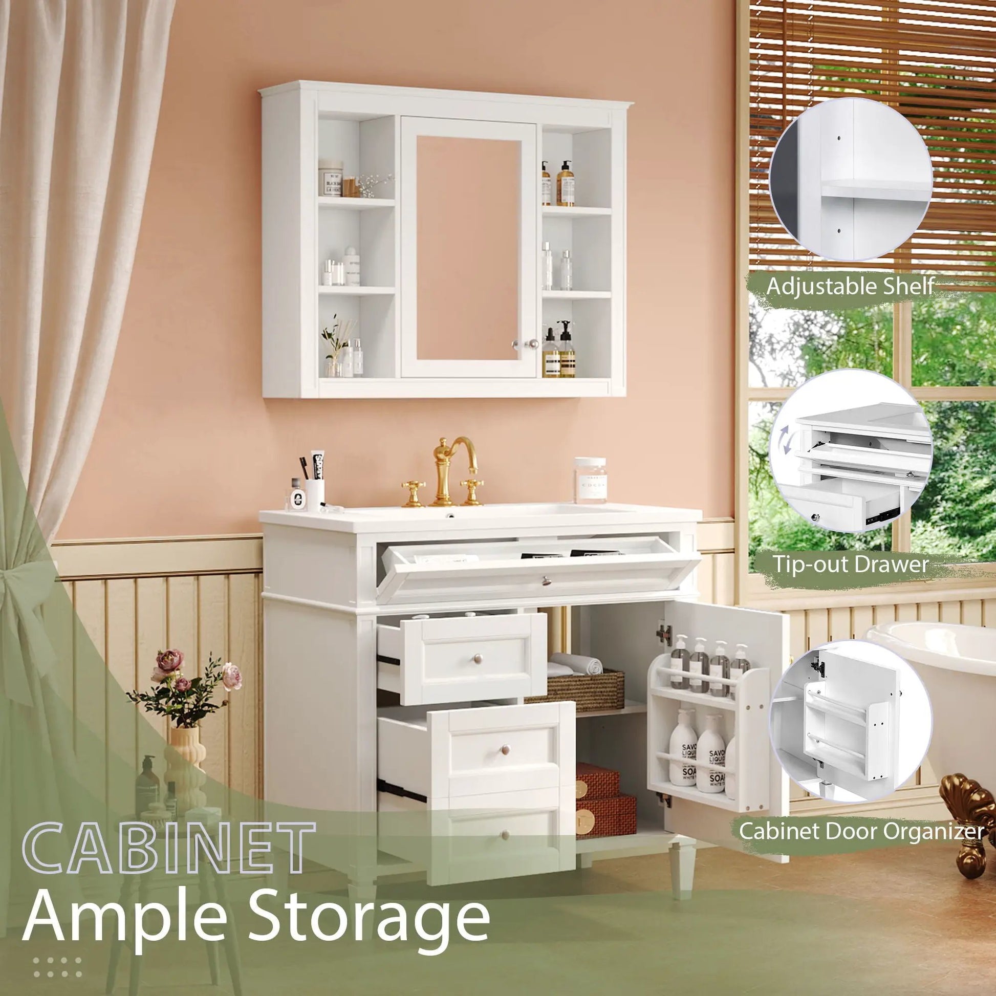 White bathroom vanity with mirror cabinet, single sink, 2 soft-closing doors and 4 drawers on Tampa Home & Garden Store