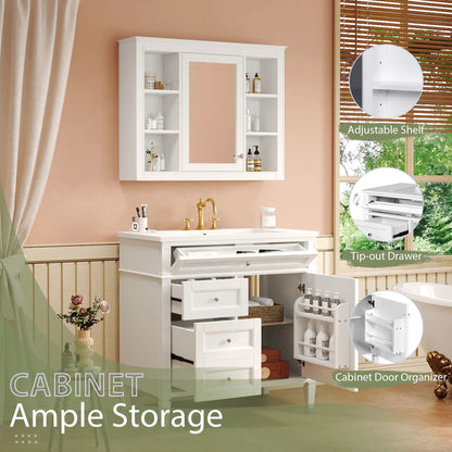 White bathroom vanity with mirror cabinet, single sink, 2 soft-closing doors and 4 drawers on Tampa Home & Garden Store