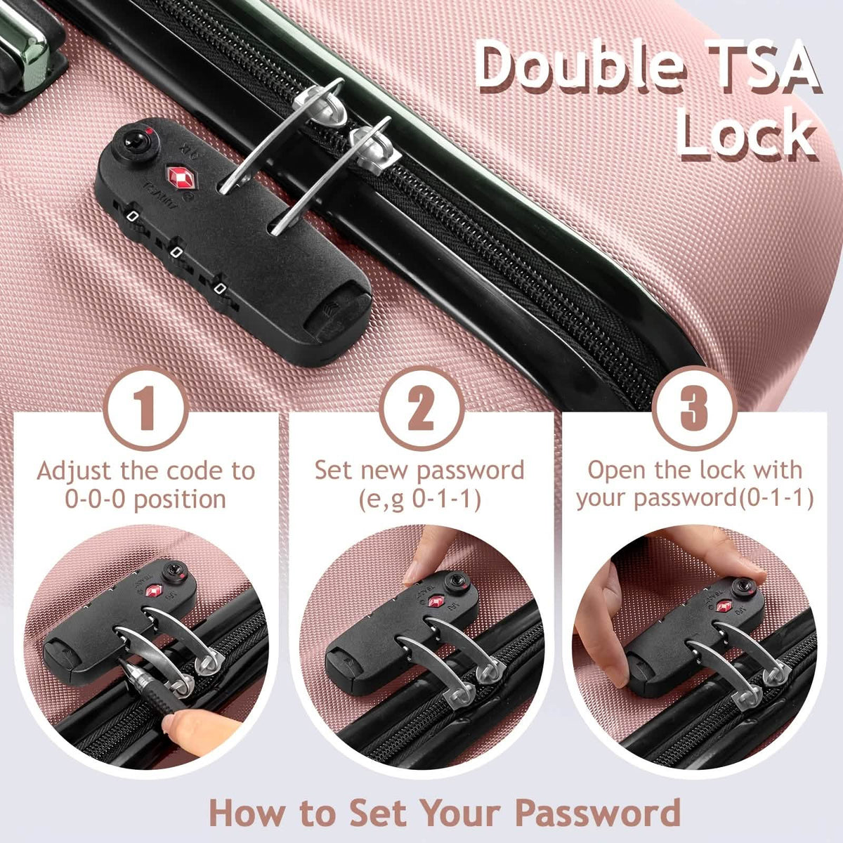 3-piece pink hard-shell luggage set with TSA lock, 20/24/28 in, DailySale, 360° wheels on Tampa Home & Garden Store