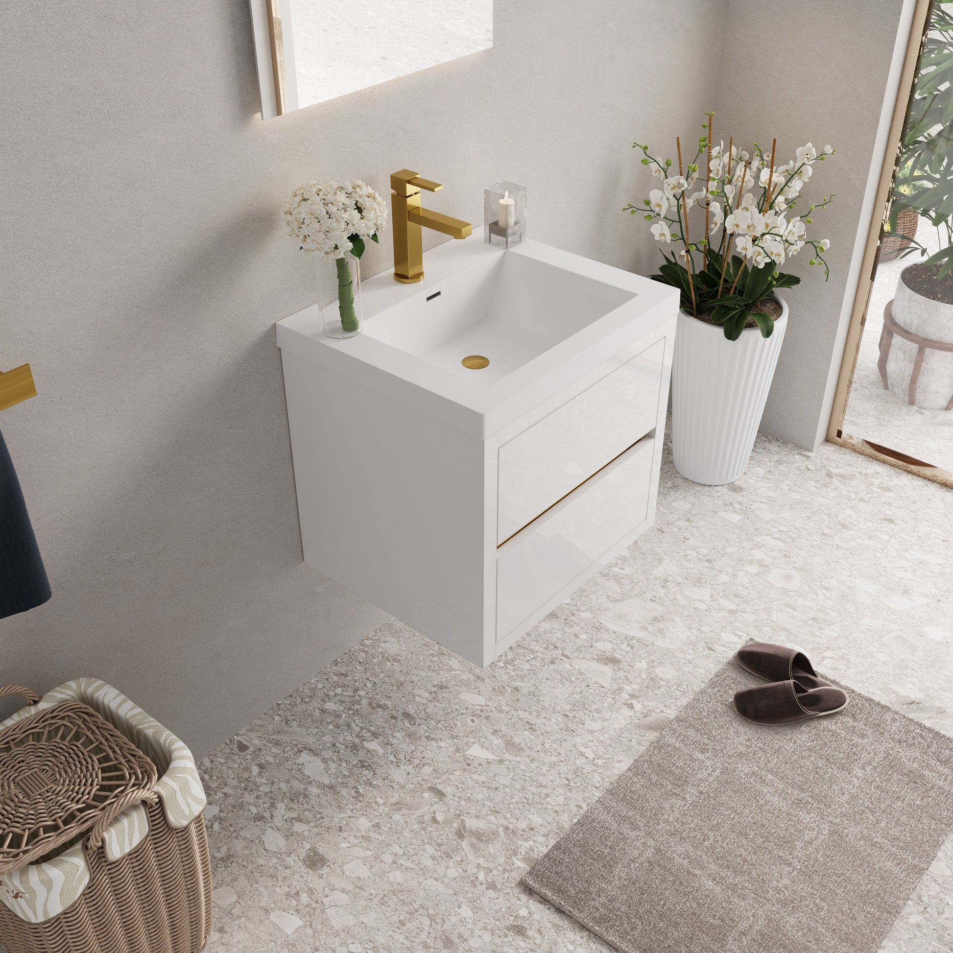 24in wall-mounted bathroom vanity with sink and storage drawers, white cabinet, gold faucet on Tampa Home & Garden Store