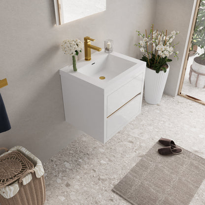 24in wall-mounted bathroom vanity with sink and storage drawers, white cabinet, gold faucet on Tampa Home & Garden Store
