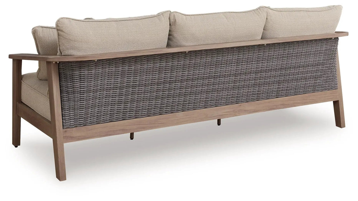 Harmony Headlands Sofa with Cushion, natural wood frame and gray woven rattan back on Tampa Home & Garden Store