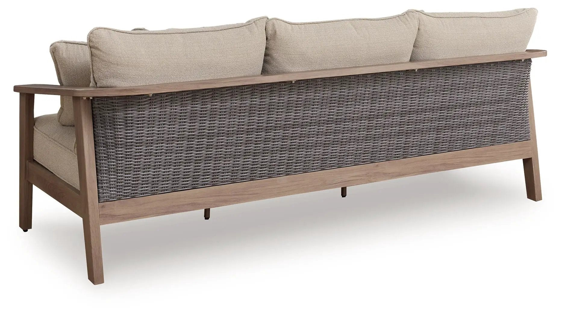 Harmony Headlands Sofa with Cushion, natural wood frame and gray woven rattan back on Tampa Home & Garden Store