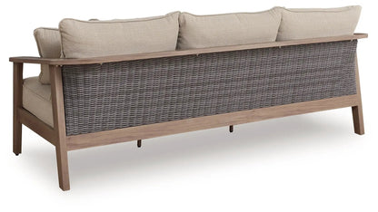Harmony Headlands Sofa with Cushion, natural wood frame and gray woven rattan back on Tampa Home & Garden Store