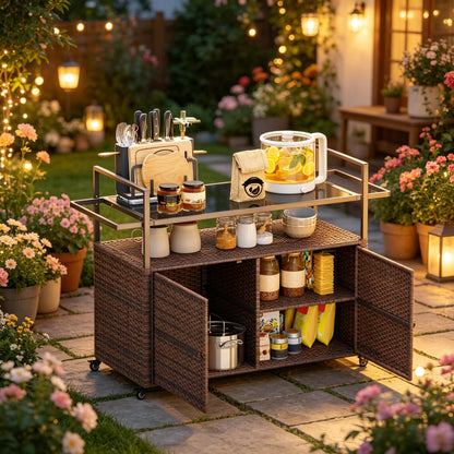 Portable Rattan Cart for Patio and Garden Use