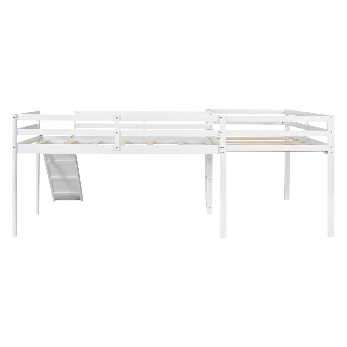 White metal-frame loft bed with ladder and slide, wooden slat bed base on Tampa Home & Garden Store