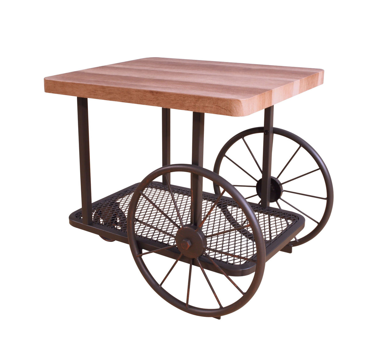 Francie light brown wood coffee table with metal wheels, metal frame, and wire mesh shelf on Tampa Home & Garden Store