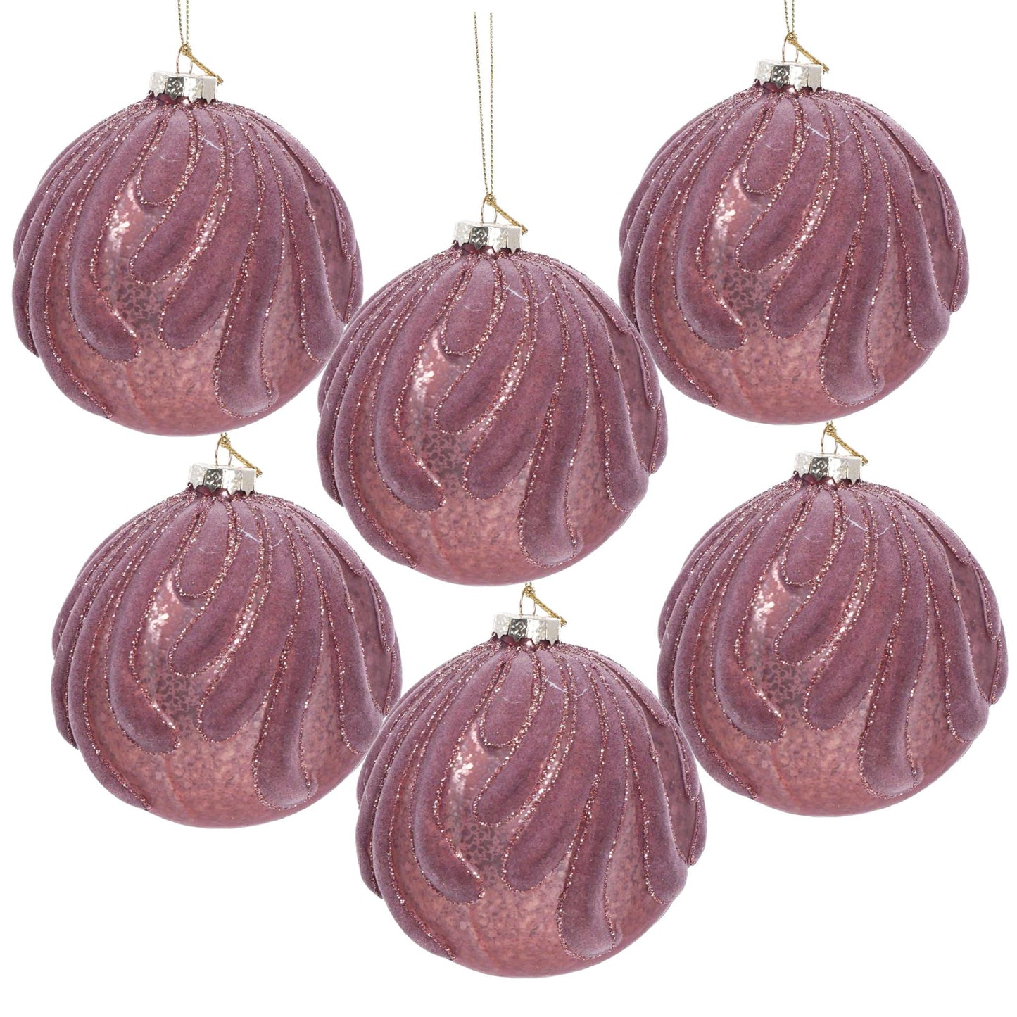 Decorative hanging glass Christmas ornaments set of 6 in mauve with glitter stripes HouseOfZazla on Tampa Home & Garden Store