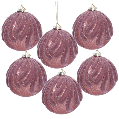 Decorative hanging glass Christmas ornaments set of 6 in mauve with glitter stripes HouseOfZazla on Tampa Home & Garden Store