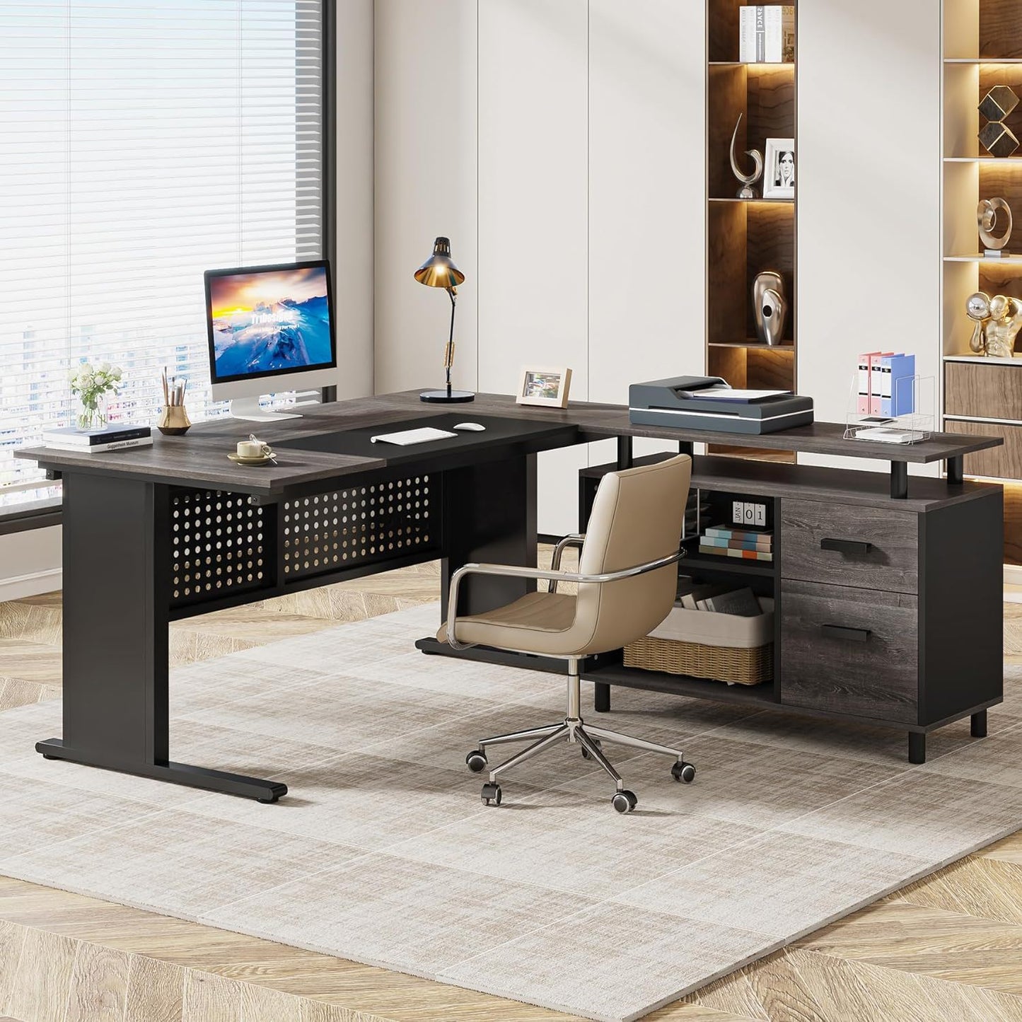 HouseOfZazla L-shaped executive desk with file cabinet, dark wood top and black metal frame on Tampa Home & Garden Store