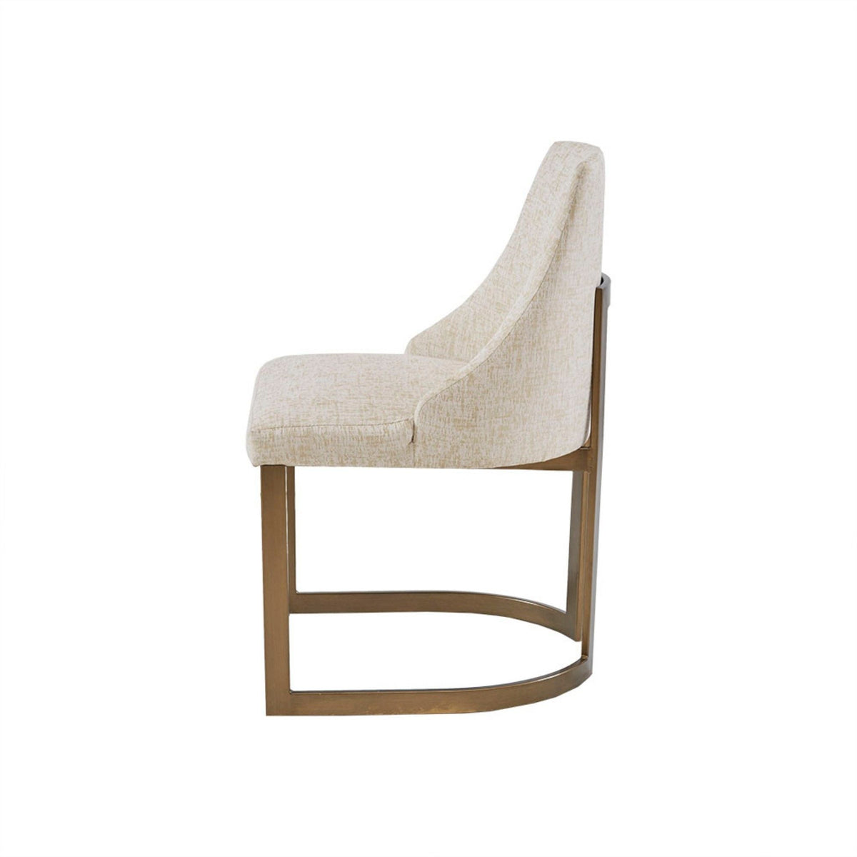 Beige upholstered accent dining chair with high curved back and wooden cantilever base on Tampa Home & Garden Store