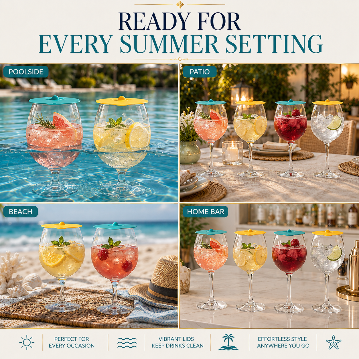 Floating Wine Glasses for Pool Set of 4 with Lids