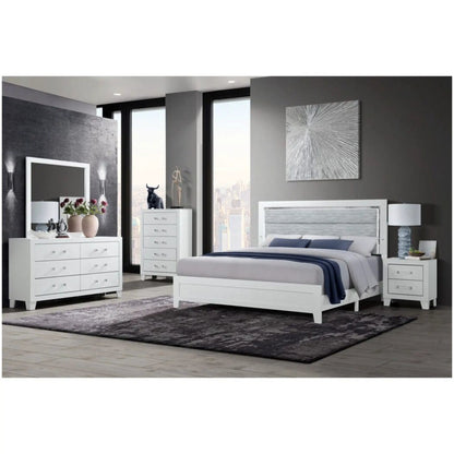 Omoda LED bed, white platform bed with clean lines in a modern bedroom with white dressers on Tampa Home & Garden Store