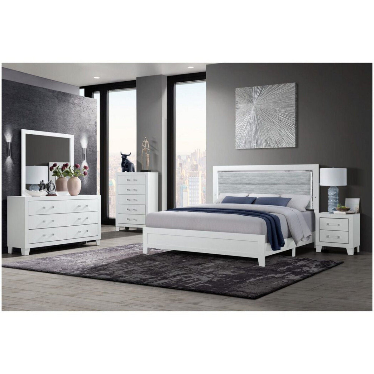 Omoda LED white platform bed with gray bedding, paired with two dressers and nightstands on Tampa Home & Garden Store