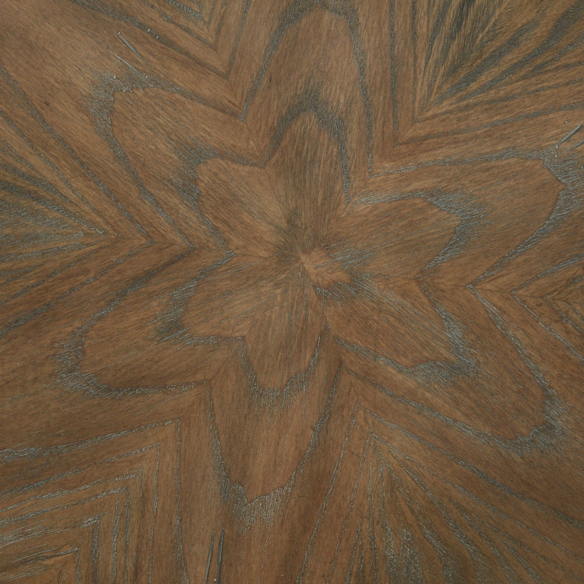 Reclaimed walnut accent table with natural ash veneer top showing a radial geometric grain on Tampa Home & Garden Store