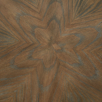 Reclaimed walnut accent table with natural ash veneer top showing a radial geometric grain on Tampa Home & Garden Store