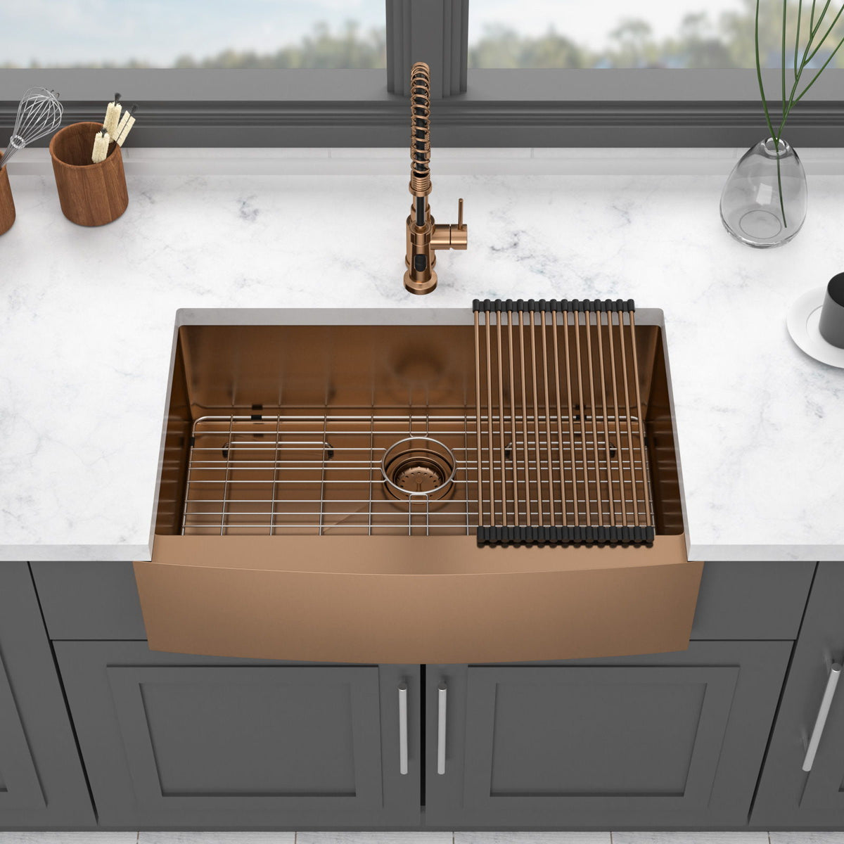 Farmhouse apron-front copper undermount sink with spring-coil faucet by HouseOfZazla on Tampa Home & Garden Store