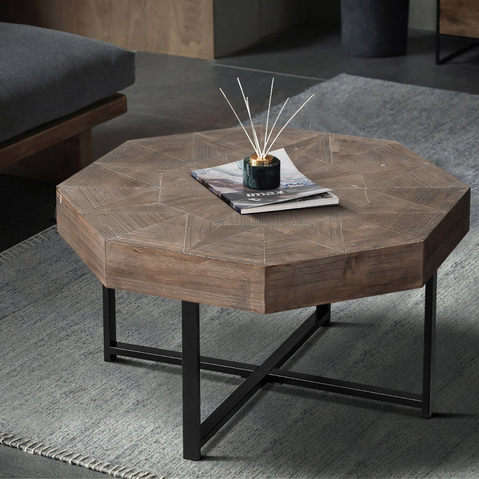 Wood octagonal patchwork coffee table with brown wood and black metal legs HouseOfZazla on Tampa Home & Garden Store