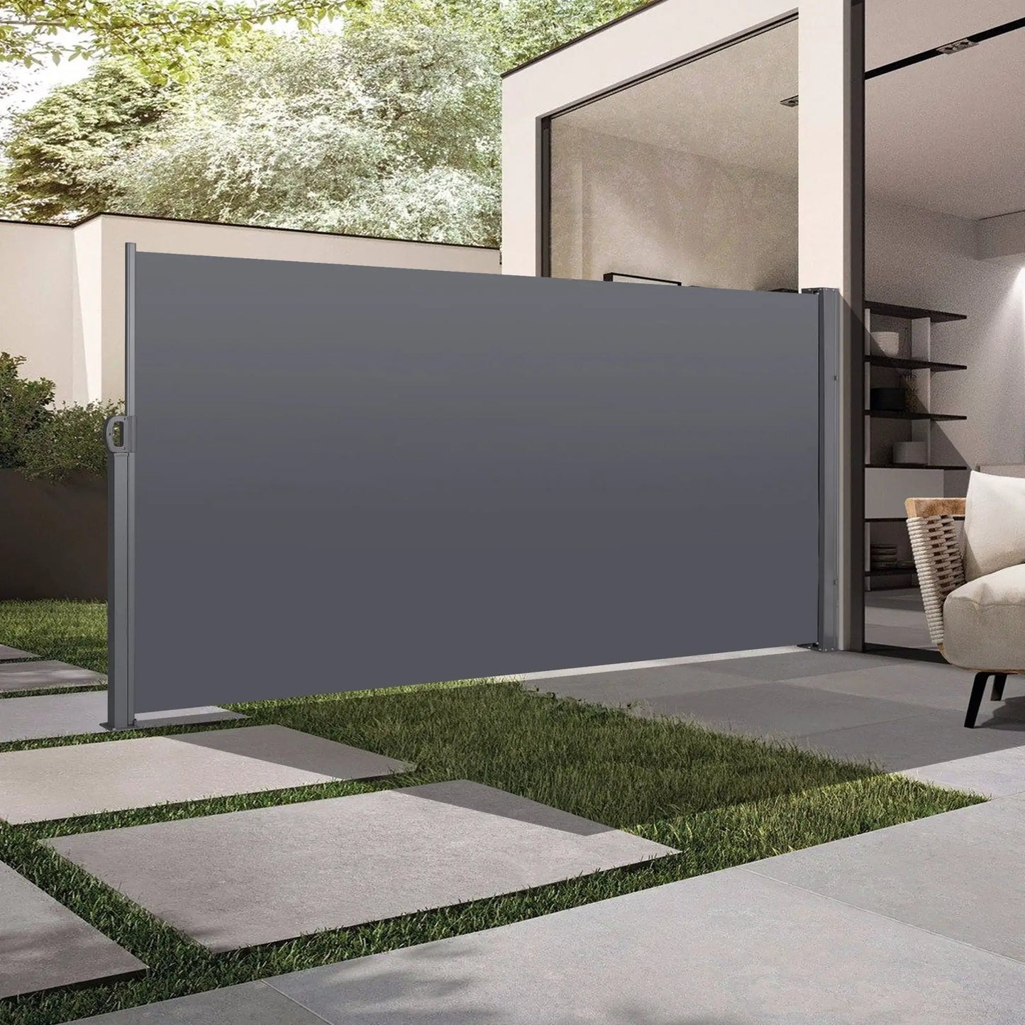 Retractable side privacy screen in gray metal by Unique Piece Furniture, UV resistant on Tampa Home & Garden Store