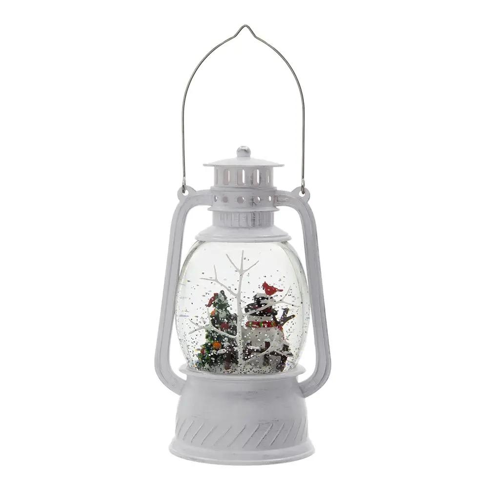 Snowman and tree LED lantern in white plastic resin with water spinning effect 6h timer on Tampa Home & Garden Store