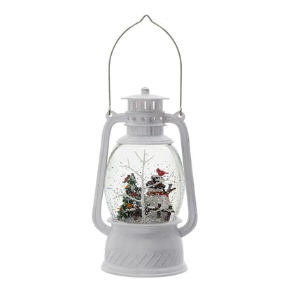 Snowman and tree LED lantern in white plastic resin with water spinning effect 6h timer on Tampa Home & Garden Store