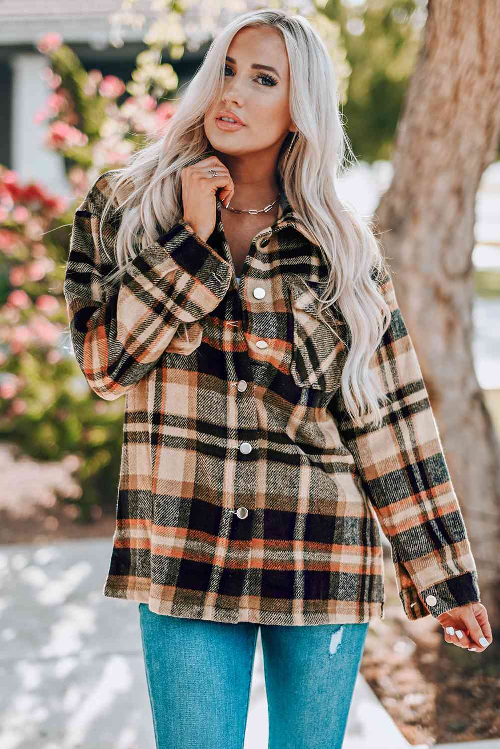 Classic beige plaid button-front shirt jacket with breast pockets casual outerwear on Tampa Home & Garden Store