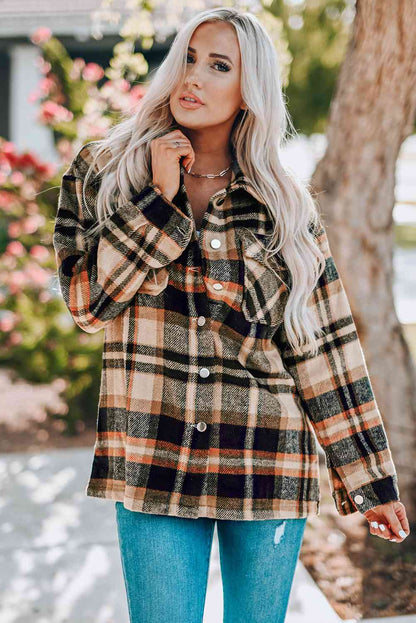 Classic beige plaid button-front shirt jacket with breast pockets casual outerwear on Tampa Home & Garden Store