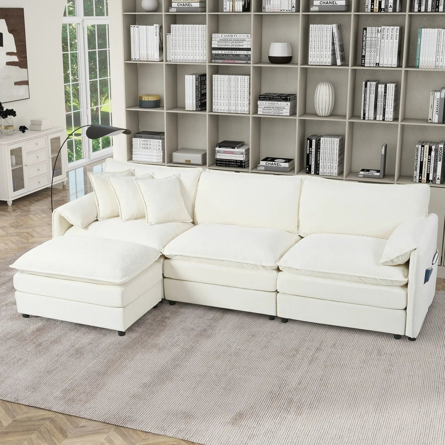 Modern comfy deep-seat white modular sectional sofa with ottoman in bright living room on Tampa Home & Garden Store