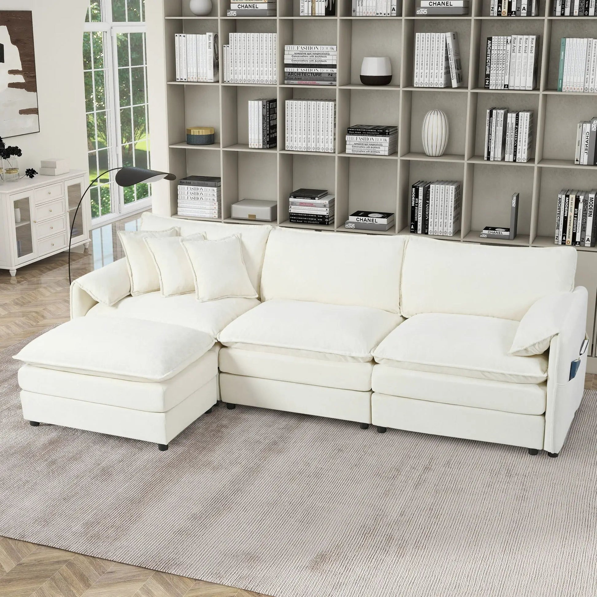 Modern comfy deep-seat white modular sectional sofa with ottoman in bright living room on Tampa Home & Garden Store