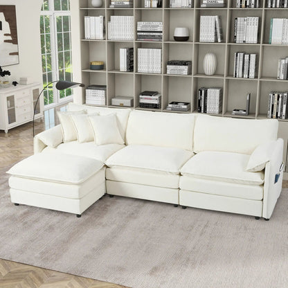Modern comfy deep-seat white modular sectional sofa with ottoman in bright living room on Tampa Home & Garden Store