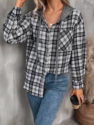 Plaid hooded buttoned jacket for women, black/white cotton-blend with gray hood Stevvex on Tampa Home & Garden Store
