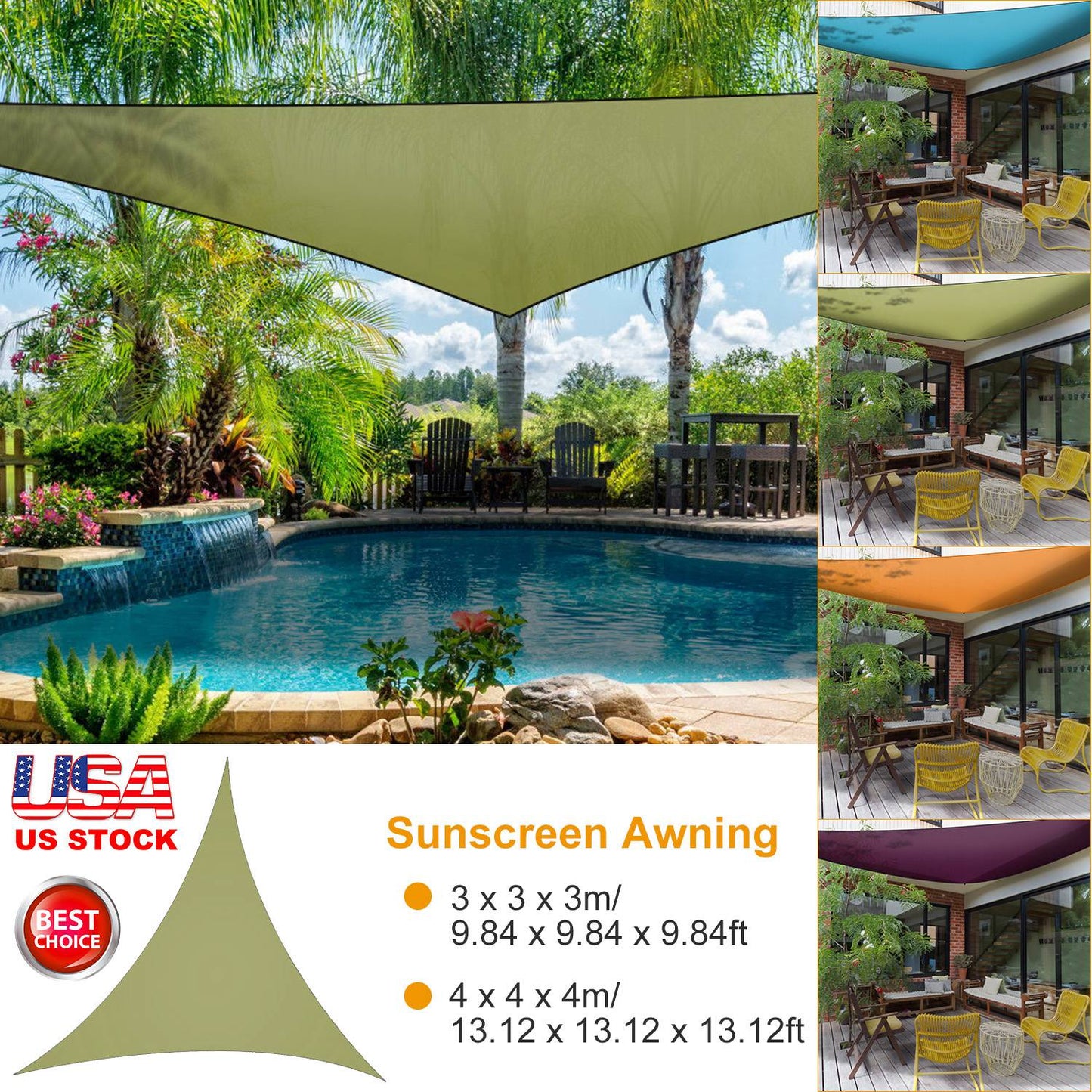 GemGear triangle shade sail canopy olive green for outdoor patio pool area on Tampa Home & Garden Store