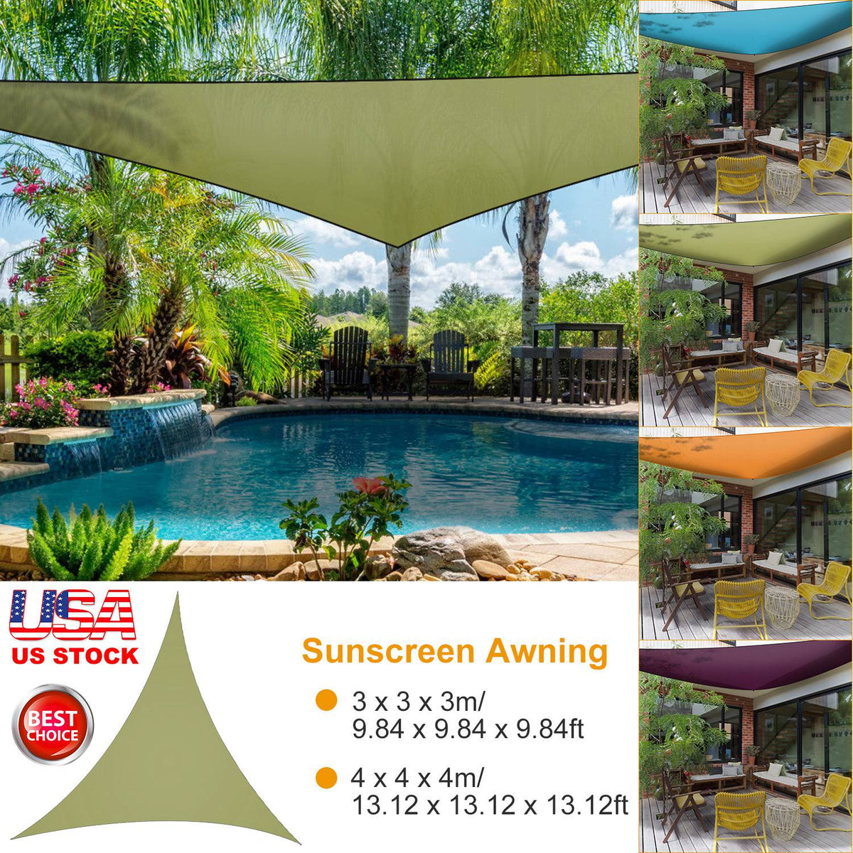 GemGear triangle shade sail olive-green patio cover over pool area with palm trees on Tampa Home & Garden Store